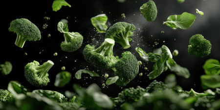 Fresh broccoli florets and leafy greens soar through the air, creating a dynamic burst of color and life. This splendid moment evokes freshness and vitality, perfect for healthy cuisine inspiration.の素材