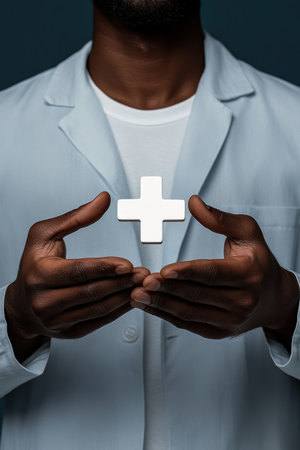 A male hand delicately cradles a plus icon against a serene blue background. This artwork symbolizes positivity and healing, embodying a strong message of health and care.の素材
