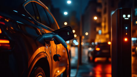 Against a backdrop of vibrant city lights, a progressive man focuses on connecting an electric vehicle charger to his car, embodying the shift toward cleaner energy solutions during nighttime.の素材