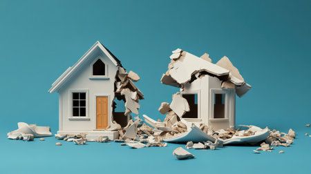 Shattered pieces of a ceramic house figurine lay scattered against a vibrant blue backdrop. The damaged structure evokes nostalgia, blending fragility with artistic expression, inviting reflection.の素材