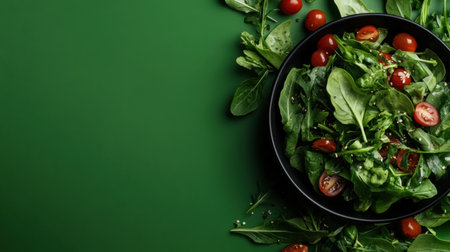 A fresh salad featuring vibrant greens and ripe cherry tomatoes rests in a recyclable bowl against a striking green background, inviting healthy eating and sustainable choices.の素材