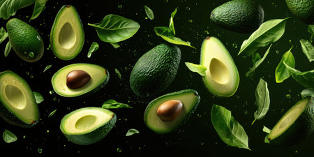 Halved avocados float gracefully against a lively green background, complemented by fresh basil leaves.の素材