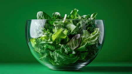 Lush assortment of fresh greens fills a clear recyclable bowl, set against a striking green background, signaling the joys of wholesome eating and sustainability in every bite.の素材