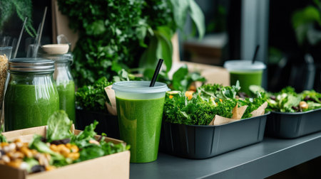 Enjoy a colorful selection of nutritious salads paired with refreshing green smoothies. Perfect for a wholesome meal on-the-go, this healthy takeout option brightens any day.の素材
