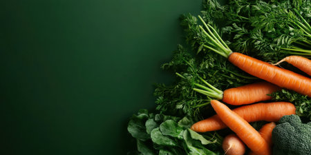 Vibrant orange carrots lay amid lush green leaves, showcasing nature's bounty in a rustic, farm-fresh style. This vibrant arrangement invites creativity in healthy cooking.の素材