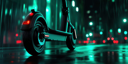 A modern electric scooter stands stylishly under vibrant city lights as raindrops fall, creating reflections on the wet pavement, showcasing a fusion of technology and urban life.の素材