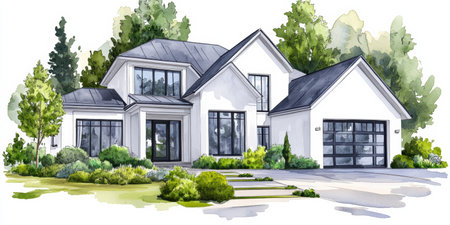 Delicate watercolor outlines depict a tranquil house surrounded by thriving greenery, capturing a peaceful and inviting atmosphere. The scene evokes a sense of harmony and comfort.の素材