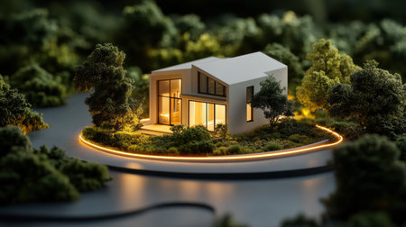 Under a warm golden glow, a winding path invites visitors to a charming white abode surrounded by vibrant greenery. The tranquil setting in duskの素材