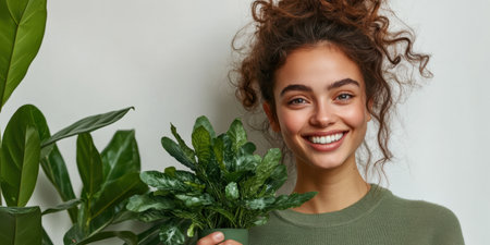 A woman beams with joy while holding a vibrant green plant, surrounded by other flourishing indoor plants. Natural light highlights her passion for eco-friendly living and sustainability.の素材