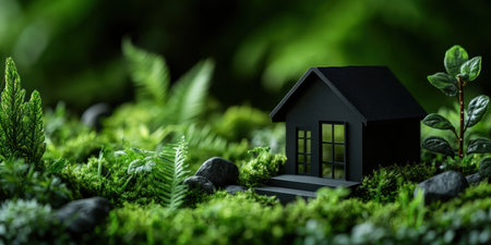 Nestled among lush greenery, a charming black house icon stands out against vibrant foliage, symbolizing serenity and connection to nature. Sunlight filters through leaves, enhancing its allure.の素材