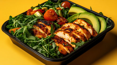 A vibrant salad features sliced grilled chicken fillet atop a bed of arugula, adorned with cherry tomatoes and creamy avocado. The bright colors pop against a cheerful yellow backdrop.の素材