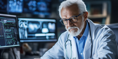 In a dimly lit hospital room, a concerned doctor examines complex data on multiple screens. The atmosphere is tense, reflecting the ongoing challenges within the healthcare system late at night.の素材