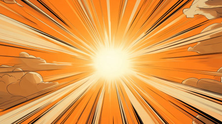 A vivid sunburst radiates energy and warmth across the sky, showcasing deep shadows and dynamic lines. This artwork captures the essence of a vibrant afternoon, filled with playful clouds.の素材