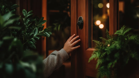 A small hand rests softly on a wooden door, surrounded by lush greenery. The warm glow of evening light creates a cozy atmosphere, inviting curiosity and wonder.の素材