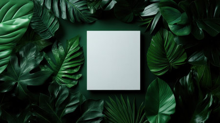 A blank white square paper sheet lies prominently centered on rich dark green leaves. The tranquil composition evokes a sense of calm and creativity, inviting artistic expression.の素材