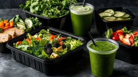 Colorful takeout boxes filled with vibrant salads are displayed alongside refreshing green smoothies. This nutritious meal is perfect for a quick lunch or dinner, promoting healthy eating habits.の素材