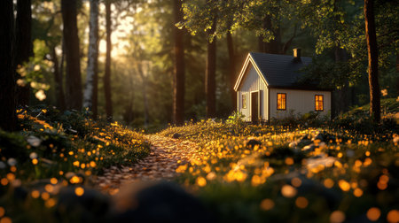 A warm golden glow illuminates the winding path leading through tall trees, guiding the way to a charming white cottage with glowing windows, nestled amidst vibrant flowers and soft foliage.の素材