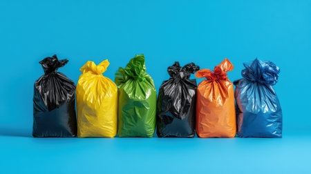 Reusable bags in a spectrum of colors stand tall, showcasing their vibrant hues against a striking blue backdrop. Each bag introduces a blend of environmental consciousness and style.の素材