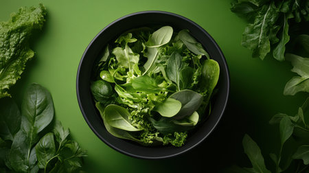 A colorful salad fills a recyclable bowl, showcasing an array of fresh greens. The vibrant green background enhances the organic appeal, perfect for a health-conscious meal at any time.の素材
