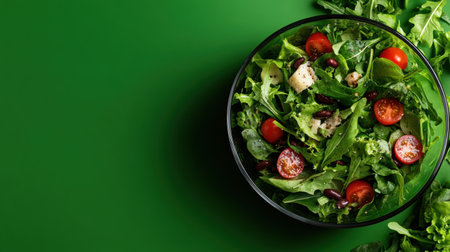 Crisp greens and colorful cherry tomatoes fill a recyclable bowl, showcasing a fresh, healthy meal perfect for outdoor dining. The vibrant green backdrop enhances the organic theme.の素材