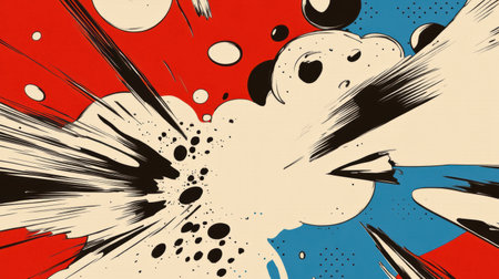 Colors collide in a whimsical display where playful polka dots meet energetic comic bursts. This artistic creation captivates the viewer with its lively patterns and striking contrasts.の素材