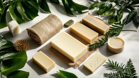 Crafted with care, these natural handmade soap bars are beautifully arranged in a rustic burlap bag, surrounded by lush greenery, evoking a sense of serenity and wellness.の素材