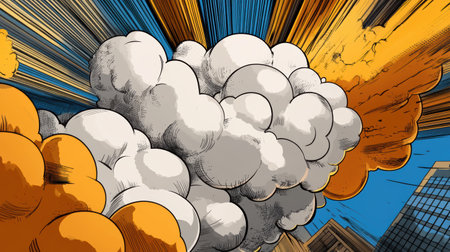 Bright colors explode across the canvas, depicting a powerful burst against a vibrant sky. The scene captures movement and excitement, inviting viewers into a world of imagination and action.の素材