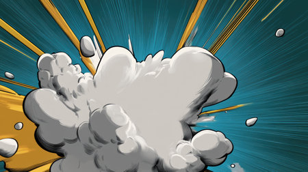 A vibrant retro comic book panel captures a dramatic explosion with a gradient burst of colors. The cloud-like form emerges powerfully, accompanied by dynamic lines that evoke movement.の素材