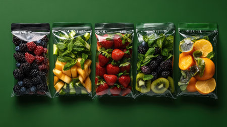Colorful packs filled with an assortment of fresh fruits, including berries, melons, and citrus, are beautifully arranged.の素材