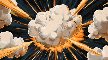 A striking display features a radiant starburst bursting forth with vibrant colors, surrounded by thick inked borders, evoking a sense of awe and energy in its artistic form.の素材