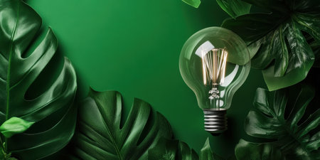 A light bulb nestled among lush green leaves symbolizes the harmony of nature and eco renewable energy. This artistic arrangement highlights the potential of sustainable practices in modern living.の素材
