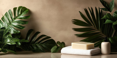 Crafted with care, the handmade soap sits atop a soft washcloth, surrounded by lush palm leaves against a warm beige backdrop, creating a serene and inviting atmosphere.の素材