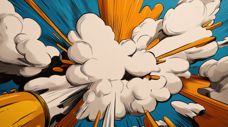 An explosive burst of color features bold orange and white clouds radiating outward. The thick black lines emphasize the dynamic movement, creating a captivating visual spectacle.の素材