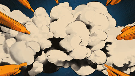 A dramatic explosion bursts forth with swirling clouds and striking orange accents, capturing a moment of intense energy and vivid artistic expression that commands attention.の素材