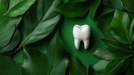 A white, polished tooth stands out among vibrant green leaves, symbolizing the connection between nature and dental wellness. This striking composition highlights the importance of oral health.の素材