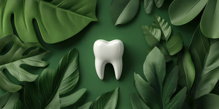 Amidst vibrant green leaves, a shiny white tooth stands as a symbol of dental health and vitality. This artistic composition evokes a serene sense of wellness and nature's harmony.の素材