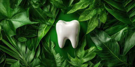 A gleaming white tooth rests amidst a lush backdrop of green leaves, symbolizing the harmony between dental health and nature. The scene evokes renewal, vitality, and the importance of oral care.の素材