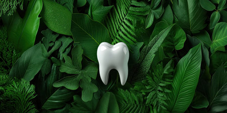 A pristine white tooth sits amid lush greenery, symbolizing the harmony between dental care and nature. This visual invites consideration of holistic approaches to oral health.の素材