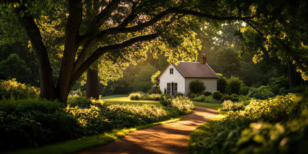 A serene pathway bathed in golden sunlight leads through lush greenery to a cozy white cottage. The peaceful ambiance invites exploration and reflection in a tranquil garden setting.の素材