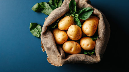 Organic potatoes shine brightly in a reusable burlap bag surrounded by vibrant green leaves. This festive display brings a touch of nature into the kitchen, inviting healthy meals.の素材