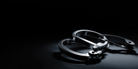 Handcuffs are depicted in a close-up view, showcasing their metallic shine and precise locking mechanism. The dark background enhances the detail, emphasizing restraint and security.の素材