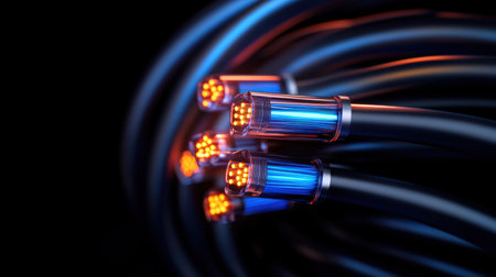 Brightly colored optical fiber cables radiate vivid light in a dark environment, creating an alluring display of technology and artistry that captivates the senses and sparks curiosity.の素材
