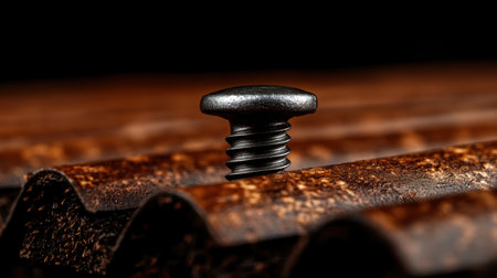 Close-up reveals the intricate texture of a roofing nail's head set against rippled metal. This moment captures craftsmanship and industrial design in a rustic environment.の素材