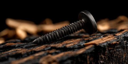 A close-up view captures the intricate texture of a roofing nail's head, resting on a rough, weathered wooden board. The contrasting colors create a captivating study of craftsmanship.の素材