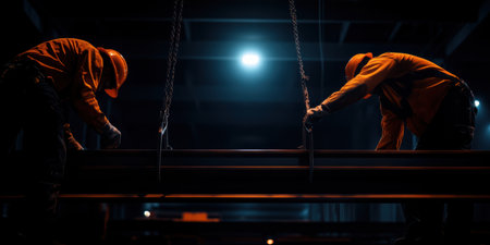 As dawn breaks, cranes gracefully hoist steel beams while workers expertly guide them into place. The soft light illuminates the construction site, marking the start of a new day.の素材