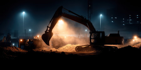 At dawn, machinery gently rumbles at an excavation site, casting soft shadows while dust swirls in the cool air, marking the beginning of a new day filled with work and discovery.の素材