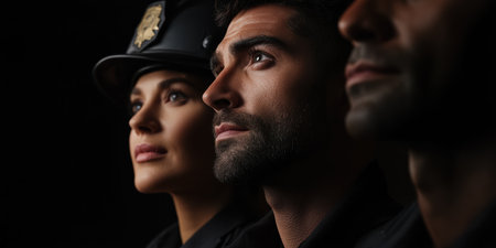Three first responders stand closely together, their expressions focused and determined. The firefighter and police officer highlight the commitment to service and bravery in their community.の素材