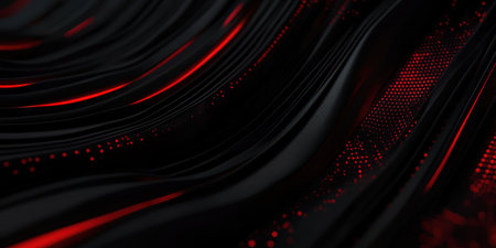 Swirling patterns of deep black blend with shimmering red elements, creating an artistic expression of modern technology.の素材