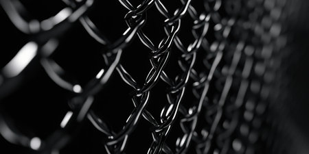 Close-up exploration of a high-gloss chain link surface, showcasing intricate patterns and reflections that dance with light. The contrasting colors enhance its visual appeal and texture.の素材