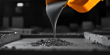 Late evening at a construction site as a concrete mixer pours fresh cement into molds. The industrial backdrop and warm glow highlight the process, promising new beginnings in urban development.の素材